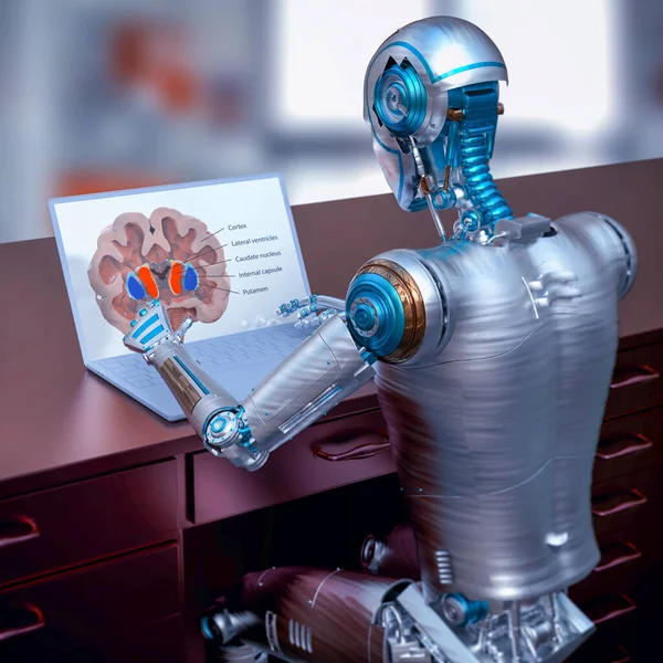 Иллюстрация Гуманоидного Робота Изучающего Человеческий Мозг Помощью Ноутбука Подчеркивающая Применение — стоковое фото