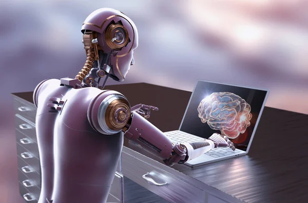 Иллюстрация Гуманоидного Робота Изучающего Человеческий Мозг Помощью Ноутбука Подчеркивающая Применение — стоковое фото