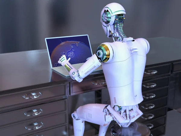 Μια Τρισδιάστατη Απεικόνιση Ένα Ανθρωποειδές Ρομπότ Που Ασχολείται Μελέτη Ενός — Φωτογραφία Αρχείου