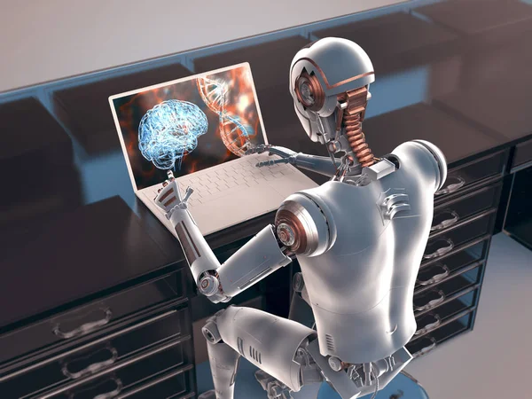 3D illustration of a humanoid robot studying human brain and DNA with a laptop, highlighting the application of artificial intelligence in science, medicine and human genetic studies.