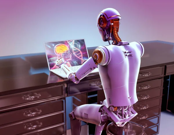 Ilustración Robot Humanoide Que Estudia Cerebro Humano Adn Con Portátil —  Fotos de Stock