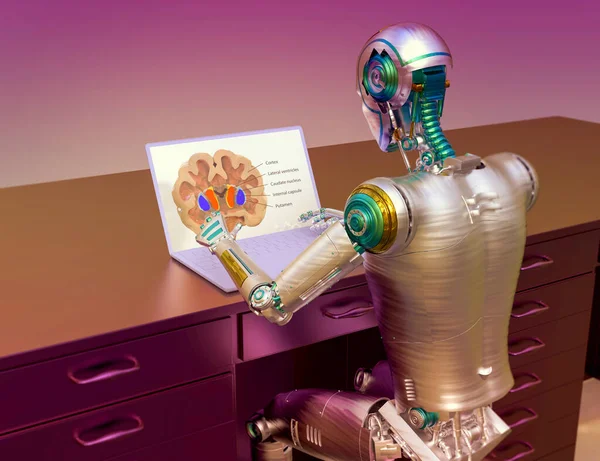 Ilustracja Humanoidalnego Robota Badającego Ludzki Mózg Laptopem Podkreślająca Zastosowanie Sztucznej — Zdjęcie stockowe