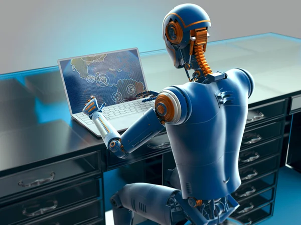 Illustration Med Humanoid Robot Som Studerar Geografi Karta Bärbar Dator — Stockfoto