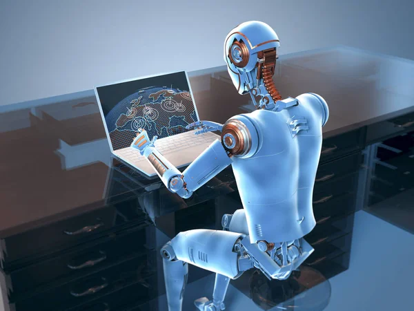 Illustration Med Humanoid Robot Som Studerar Geografi Karta Bärbar Dator — Stockfoto