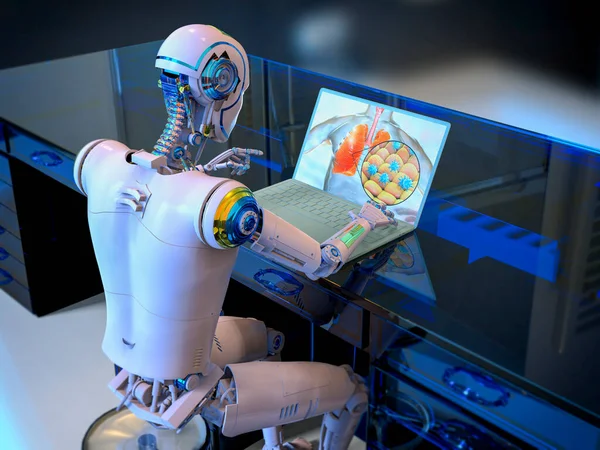 Illustration Humanoid Robot Studerar Mänskliga Lungor Och Virus Infektera Andningssystemet — Stockfoto