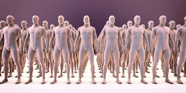 Klon Identycznych Ludzi Stojący Zorganizowany Sposób Ilustracja Przedstawiająca Zgodność Tożsamość — Zdjęcie stockowe