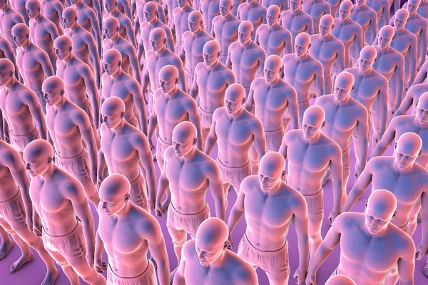 Klon Identycznych Ludzi Stojący Zorganizowany Sposób Ilustracja Przedstawiająca Zgodność Tożsamość — Zdjęcie stockowe