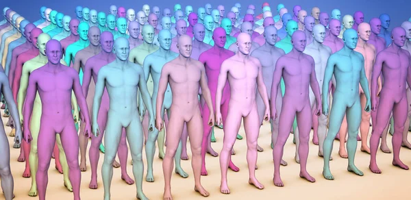 Clone Pessoas Idênticas Forma Organizada Cada Uma Colorida Forma Diferente — Fotografia de Stock