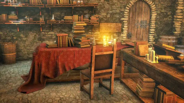 A 3D illustration of a medieval room full of antique books, a candle-lit table, and a rustic bookcase, evoking history.