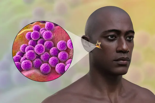 男性のOtitisメディア耳の感染 および中耳炎の一般的なエチオロジー剤であるバクテリア Staphylococus Aureusのクローズアップビュー 3Dイラスト — ストック写真