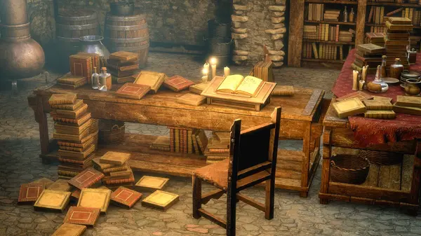 A 3D illustration of a medieval room full of antique books, a candle-lit table, and a rustic bookcase, evoking history.