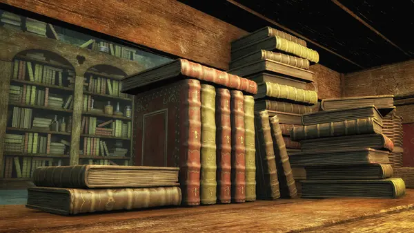 A 3D illustration of a medieval room full of antique books, and a rustic bookcase, evoking history.