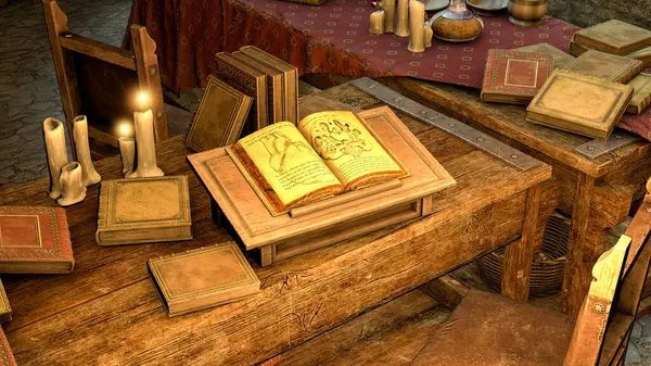 A medieval room full of antique books, and an open book with old medical drawings on a candle-lit table, 3D illustration.