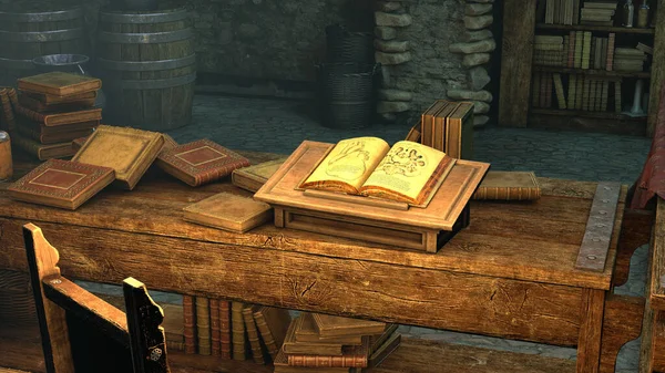 A medieval room full of antique books, and an open book with old medical drawings on a wooden table, 3D illustration.