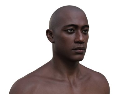Afrikalı bir adamın portresini gösteren 3 boyutlu fotorealistik bir çizim, derisinin, yüzünün ve vücut anatomisinin karmaşık detaylarını gözler önüne seriyor..