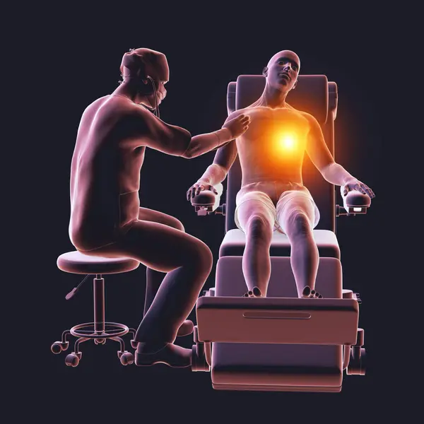 心臓の痛みを経験する医療車輪の男性患者を描いた3Dイラスト 心臓血管の苦痛の緊急性を伝える — ストック写真