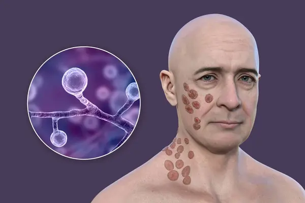 Illustration Depicting Man Multiple Face Neck Lesions Showcasing Cutaneous Blastomycosis — Stock Photo, Image