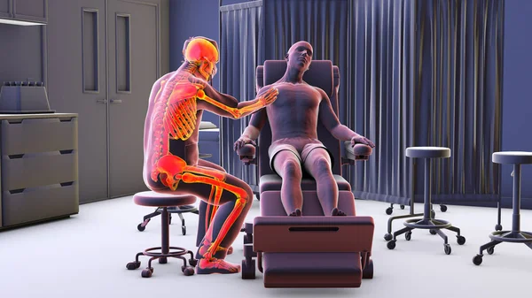 患者の骨格を調べる強調された骨格を持つ医師を明らかにする概念的な3Dイラスト 医療従事者の骨格活動と潜在的なプロの骨格障害を強調 — ストック写真