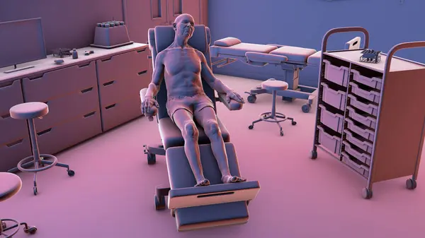 病院入院室の医療車輪に患者を描いた3Dイラストで 臨床現場での医療移動と輸送を象徴しています — ストック写真
