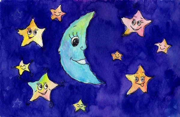 Charming Hand Drawn Watercolor Night Sky Smiling Moon Stars Capturing — Stock Photo, Image