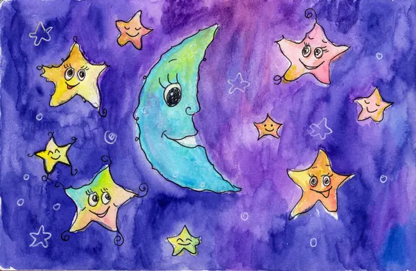 Charming Hand Drawn Watercolor Night Sky Smiling Moon Stars Capturing — Stock Photo, Image
