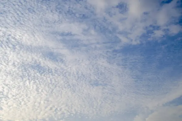 数多くのふわふわした白い雲で飾られた広大な青空を撮影した息をのむような写真 静けさと静けさを放つ — ストック写真