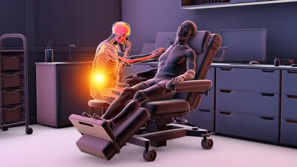 仕事関連のストレスのために背中の痛みを経験する医師を特徴とする医療における職業病を象徴する3Dイラスト — ストック写真