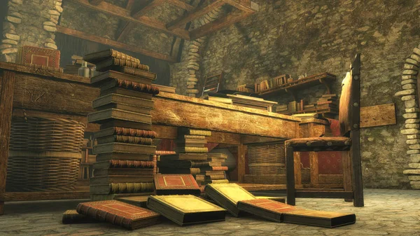 A 3D illustration of a medieval room full of antique books, a wooden table and chair, evoking history.