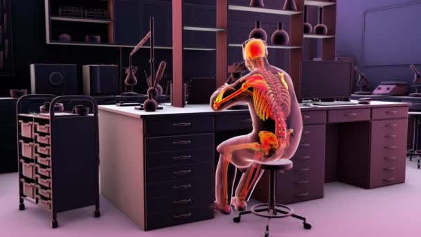 実験室の労働者における作業関連の筋骨格障害 顕微鏡で働く強調された骨格を持つ実験室の専門家を示す概念的な3Dアニメーション — ストック動画