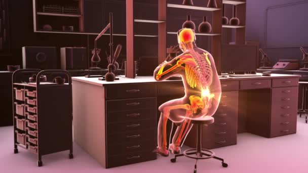 実験室の労働者の作業関連筋骨格障害 背中の痛みを伴う顕微鏡で働く強調された骨格を持つ実験室の専門家を示す概念的な3Dアニメーション — ストック動画