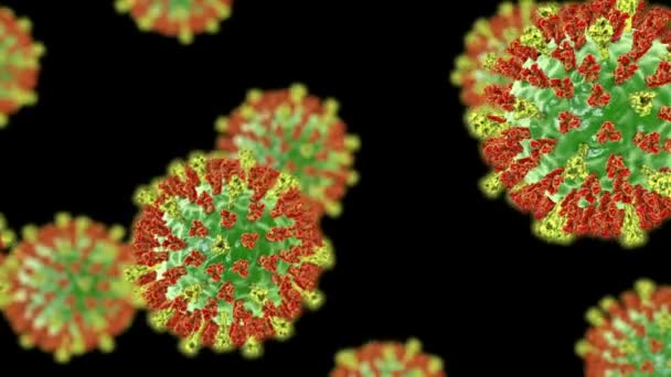 麻疹ウイルス 表面グリコピンテインが付いている麻疹ウイルスを示す3Dアニメーションは黒い背景のヒマグロチン アミノ酸ゼ赤および融合タンパク質黄色をスパイクします — ストック動画
