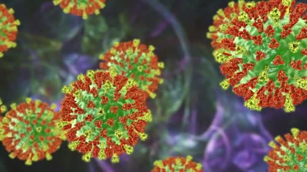 麻疹ウイルス 表面グリコピンタンパク質が付いている麻疹ウイルスを示す3Dアニメーションは赤く 融合タンパク質黄色をマグニチン アミノミダーゼします — ストック動画