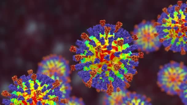 麻疹ウイルス 表面グリコピンタンパク質が付いている麻疹ウイルスを示す3Dアニメーションは青および融合タンパク質赤をマグロチニン アミノミダーゼします — ストック動画