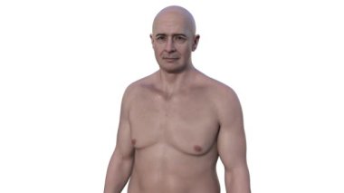 Orta yaşlı bir adamın üst yarısını gösteren 3 boyutlu fotorealistik bir animasyon derisinin, yüzünün ve vücut anatomisinin karmaşık detaylarını gözler önüne seriyor..