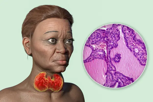 Иллюстрация Пожилой Женщины Болезнью Грейва Изображающая Увеличенную Щитовидную Железу Экзофтальм Лицензионные Стоковые Изображения