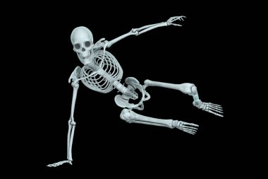 Dinamik bir atlama pozisyonunda insan iskeleti, canlı, renkli X-ray tarzıyla gösterilmiş, siyah bir arka planda, 3D illüstrasyon.