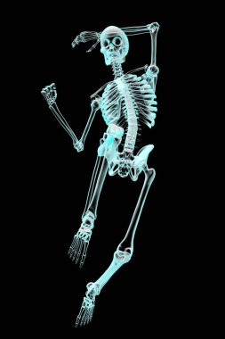 Dinamik bir dövüş pozisyonunda insan iskeleti, renkli X-ray stilinde tasvir edilmiş, 3 boyutlu resimleme hareketi ve iskelet yapısı.