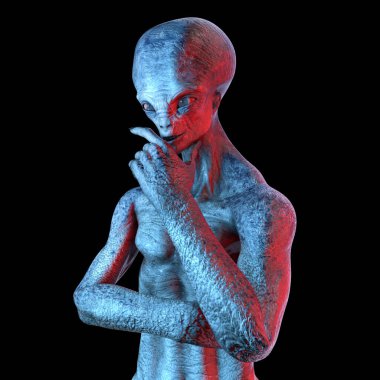 Ayakta duran, düşünceli bir duruş içindeki insansı bir uzaylı, benzersiz anatomi, dışavurumlar ve dünya dışı tasarım sergiliyor..