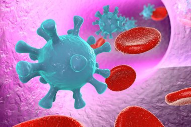 Alyuvar hücreli kandaki HIV AIDS virüsleri. 3B illüstrasyon