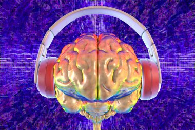 Kulaklık takan bir insan beyninin 3 boyutlu çizimi, müziği sembolize ediyor, ses algısını, bilişsel uyarmayı, yaratıcılığı ve nöral aktiviteyi..