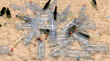 Okyanus tabanında veya plajda plastik şişeler, kirlilik ve ekoloji felaketi konsepti, 3 boyutlu illüstrasyon