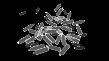 Siyah arkaplanda izole edilmiş plastik şişeler, üç boyutlu illüstrasyon, tek renkli görüntü