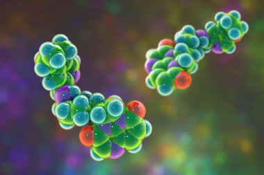 Gepotidacin molekülü, 3 boyutlu illüstrasyon. Yeni nesil antibiyotik, bakteriyel DNA kopyalamayı hedefliyor. Neisseria gonorrhoeae ve E. coli gibi dirençli patojenlere karşı etkili.