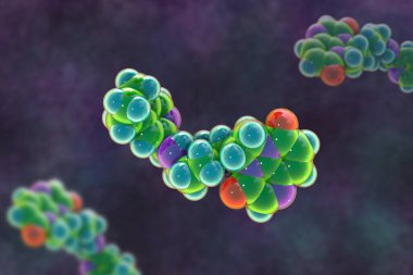Gepotidacin molekülü, 3 boyutlu illüstrasyon. Yeni nesil antibiyotik, bakteriyel DNA kopyalamayı hedefliyor. Neisseria gonorrhoeae ve E. coli gibi dirençli patojenlere karşı etkili.