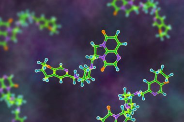Gepotidacin molekülü, 3 boyutlu illüstrasyon. Yeni nesil antibiyotik, bakteriyel DNA kopyalamayı hedefliyor. Neisseria gonorrhoeae ve E. coli gibi dirençli patojenlere karşı etkili.