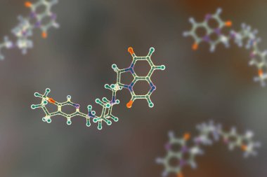 Gepotidacin molekülü, 3 boyutlu illüstrasyon. Yeni nesil antibiyotik, bakteriyel DNA kopyalamayı hedefliyor. Neisseria gonorrhoeae ve E. coli gibi dirençli patojenlere karşı etkili.