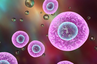 Hücrelerle dolu bir geçmiş. Renkli arka planda insan veya hayvan hücreleri, 3 boyutlu resimleme