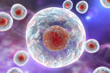 DNA 'lı bir arka planda insan veya hayvan hücresi, 3 boyutlu illüstrasyon