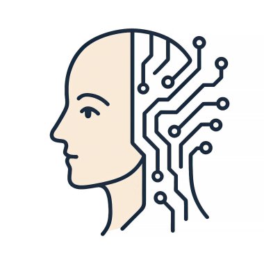 Devre çizgileri olan insan kafası, çizim. Yapay zekayı, nöral ağları, teknolojiyi ve insan zihninin dijital sistemlerle birleşmesini temsil eden sembolik görüntü.
