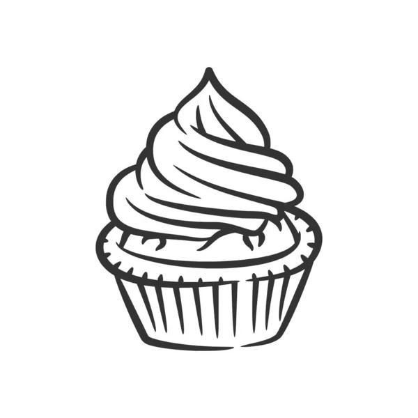 Cupcake Linha Arte Mão Desenhada Estilo Doodle Desenho Preto Branco — Vetor de Stock